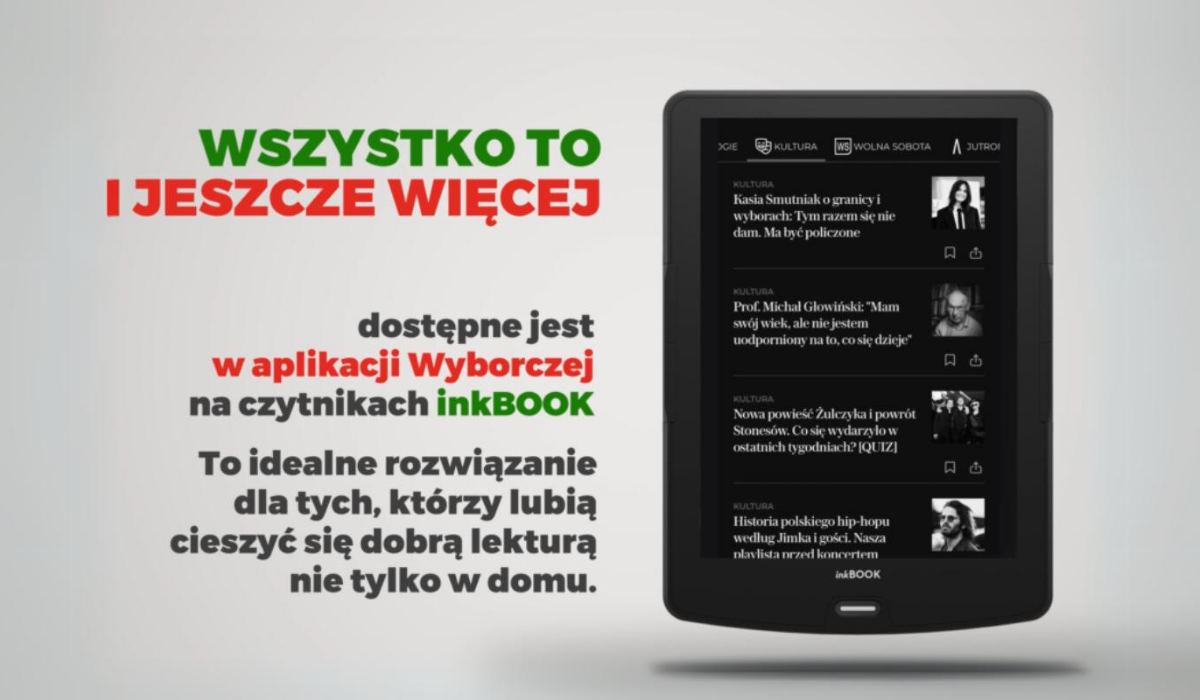 Zdjęcie czytnika inkBOOK z widoczną na ekranie Gazetą Wyborczą. 